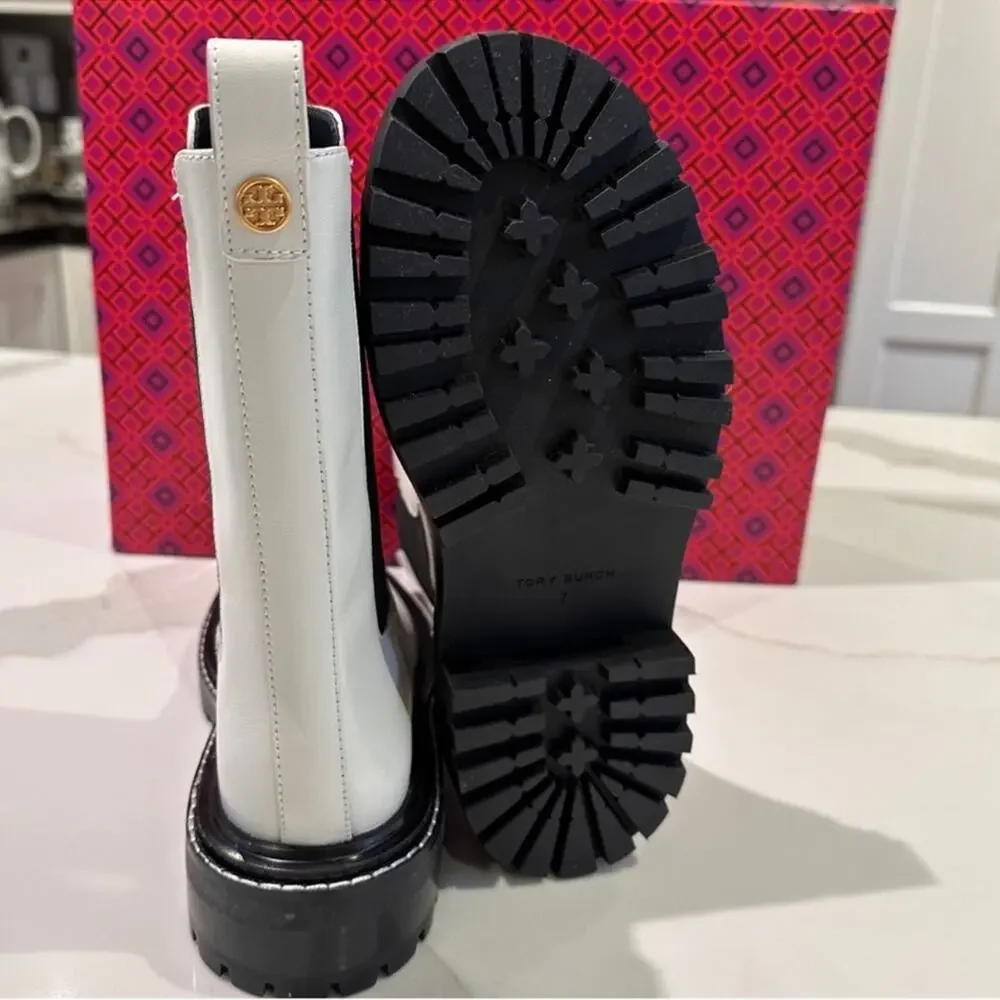 Tory Burch Benton Chelsea Boot Size 8 White Leather Black Lug Platform Sole New
